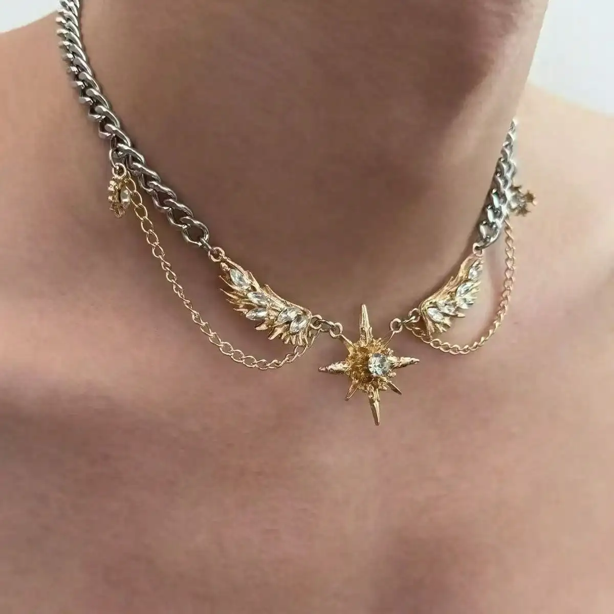 Men Accessories Neck Chain - Gothic Punk Gold Color Wings Star